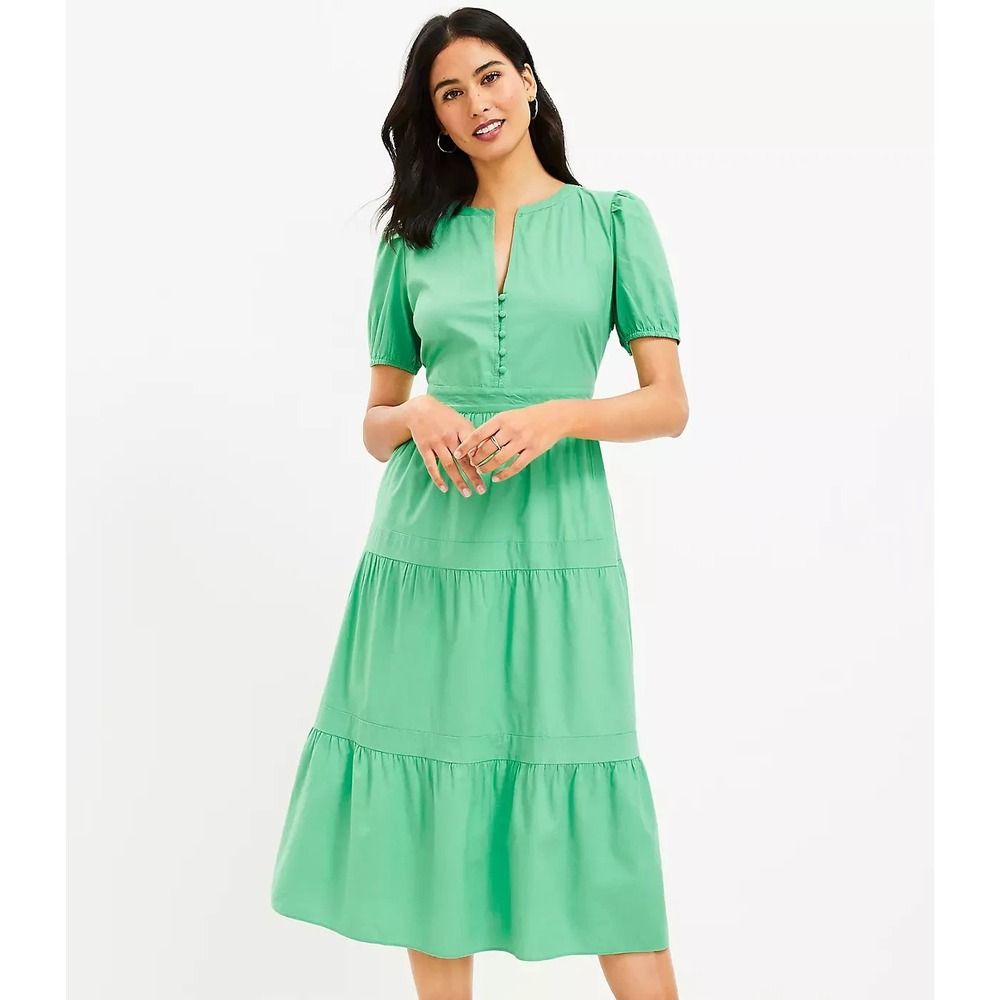LOFT Dress Green Puff Sleeve Tiered Midi V Neck Button Cotton Modal